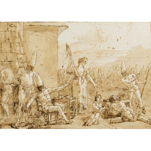 Punchinello and his Family Spinning Flax